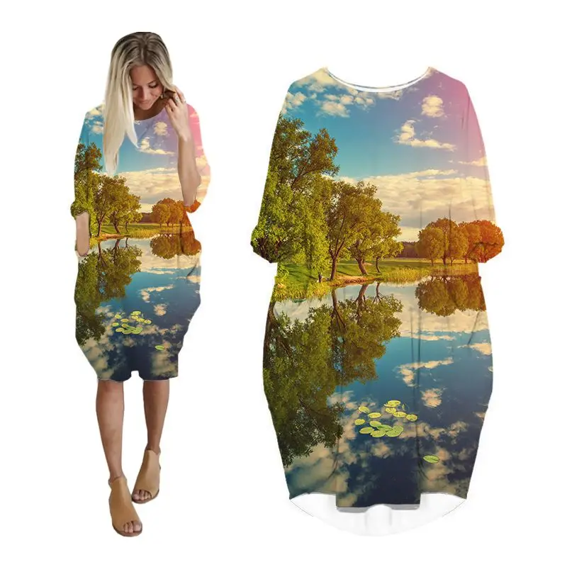 

Dress Woman Forest Tree Lake 3d Printing Fashion Pocket Harajuku Long Sleeve Hip Hop Dresses Women Streetwear Plus Size Clothes
