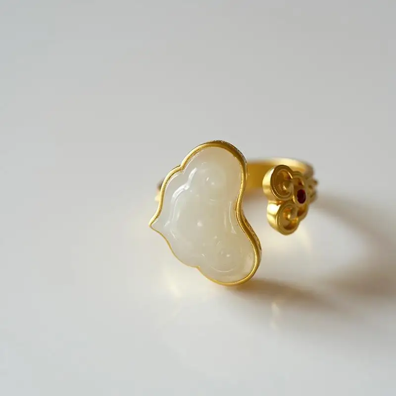 

Natural Hetian Jade Xinjiang Jade Pebble Ruyi Ring Gold Inlaid with Jade S925 Ring Jade Pebble Au950 Ring for Women