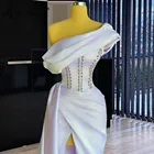 Арабский атласная белые кристаллы на одно плечо вечернее платье 2021 одно плечо вечерние платья Праздничная одежда