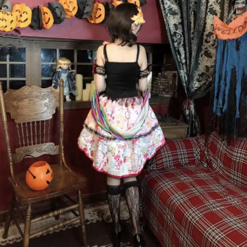 

Halloween Cosplay Lolita Dress Clown Costume Strap Print Dresses Cos Bride Flower Goast Print Sets Women