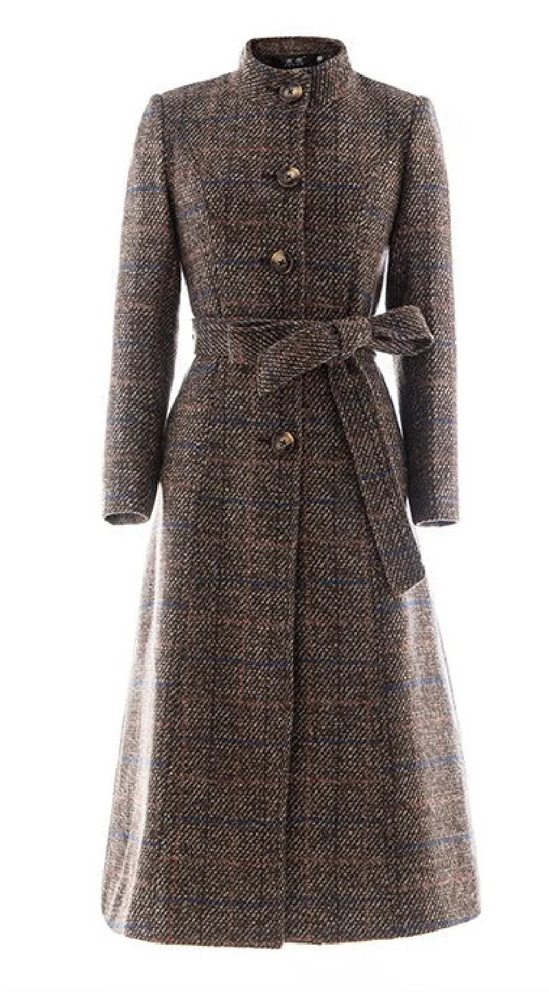 

High-Quality Woolen Coat Female New Autumn Winter Temperament Windbreaker Jacket Classic Plaid Jacket Mid-Long Over The Knee
