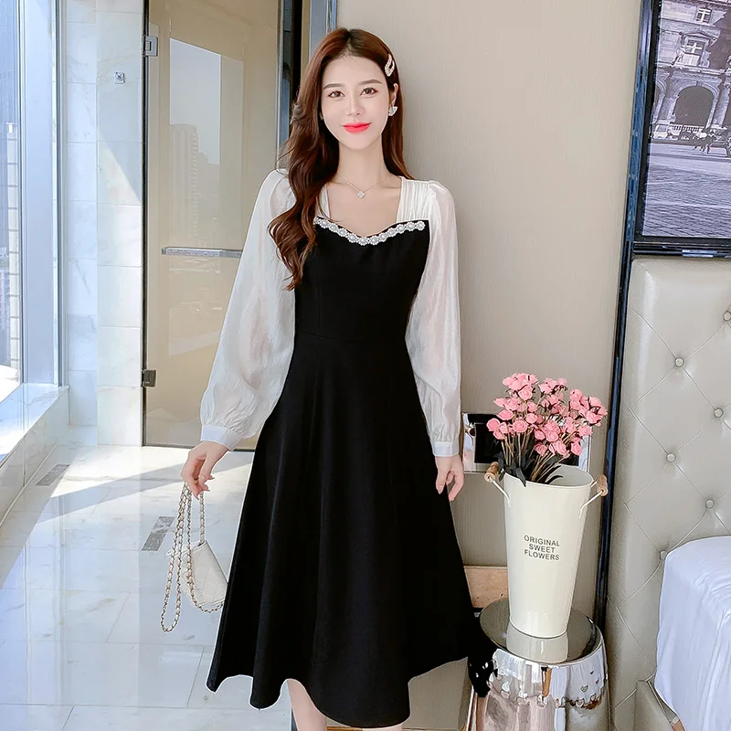 

Women One Piece Korea Casual Dress Winter Autumn 2021 New Office Lady French Style Long Sleeve Solid Zipper V-Neck Dresses Traf