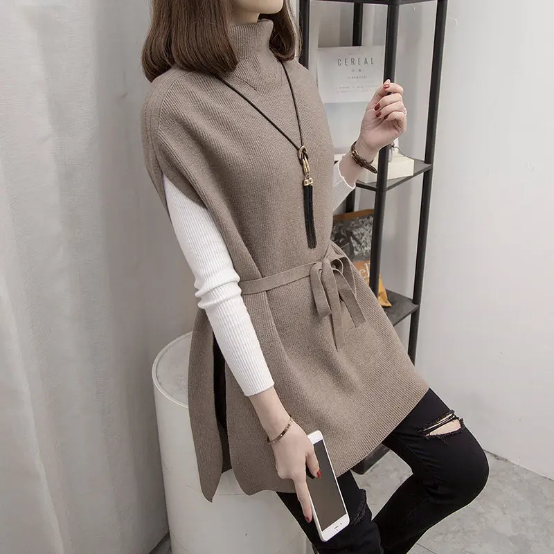 

2020 New Autumn Winter Women's Clothing Lady Long Vest Knitted Sweater Half turtleneck mid-length sweater