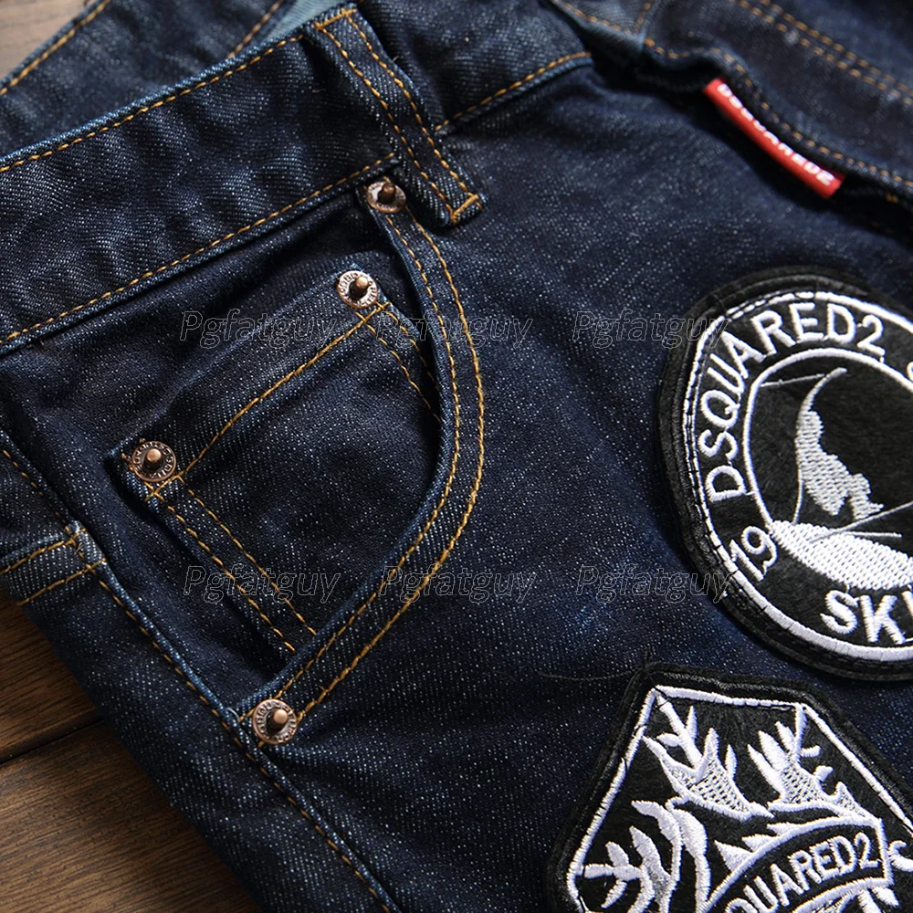 

Men's Blue Black Embroidery Multi-badge Jeans 2021 Fashion Letter Distressed Stretch Denim Pants For Men Pantalons Pour Hommes