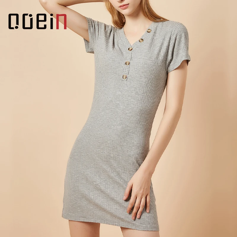 

Summer Dress 2021 New Long T-shirt Women Casual Dresses V-Neck Short Sleeve Knit Solid Knee-Length Vintage Sundress Ladies