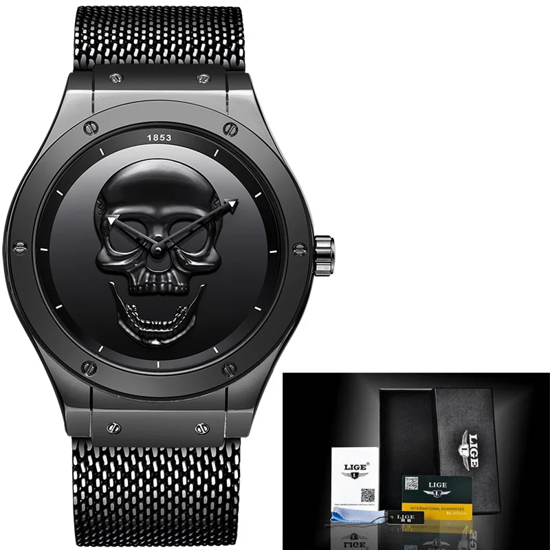 All black M Новые крутые Панк 3D череп мужские часы бренд lige Роскошные Силиконовые кварцевые наручные часы водонепроницаемые ретро модные электронные часы Relogio - Цвет: All black M