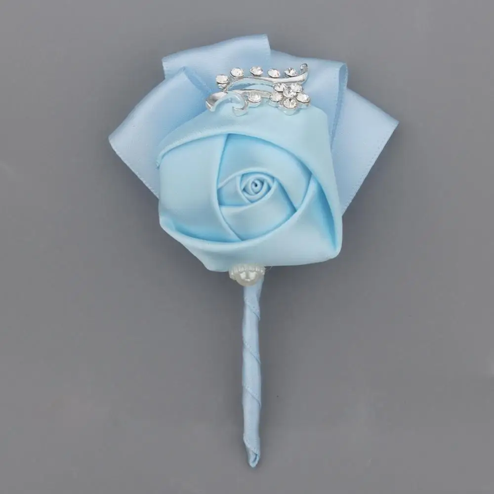 baby blue Свадебная бутоньерка для жениха винная Роза из красного атласа цветы корсаж de mariage Пром Брошь с кристаллами цветы de novia XH1300-2 - Цвет: baby blue