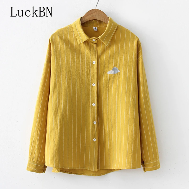 Женские рубашки Kawaii полосатая блузка с вышивкой Луны Дамские топы Блузы