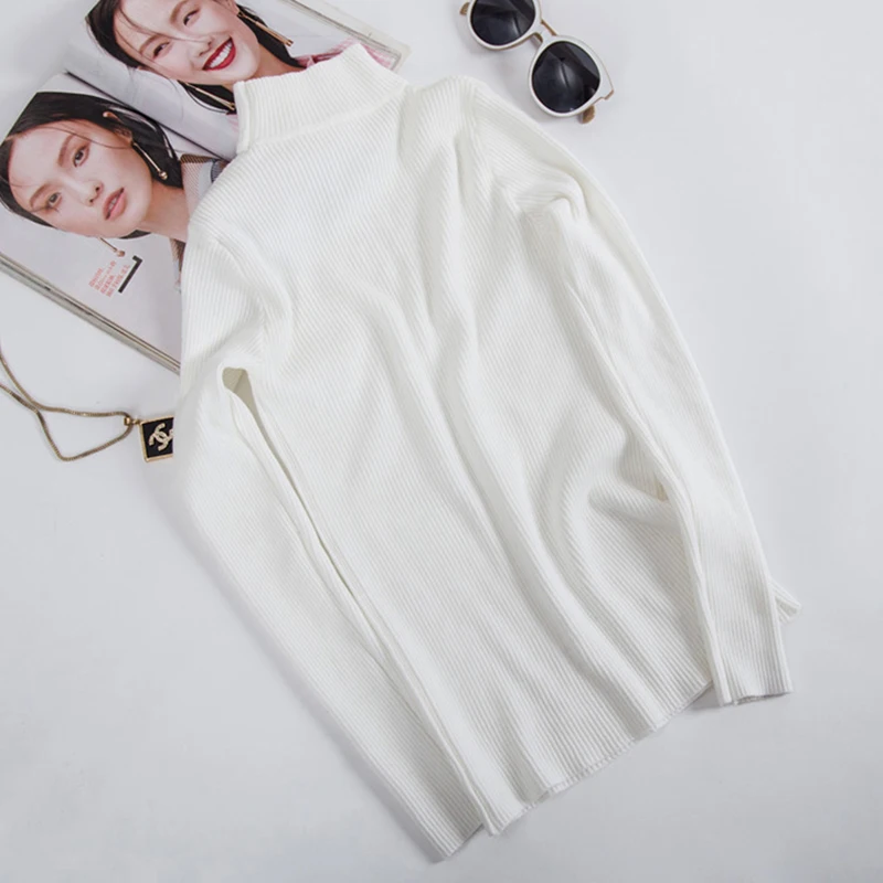 

Winter Elegant Solid Long Sleeve Knitting Sweater Korean Chic Elasticity Slim Pullover Turtleneck Jumpers Women's Clothes 2021