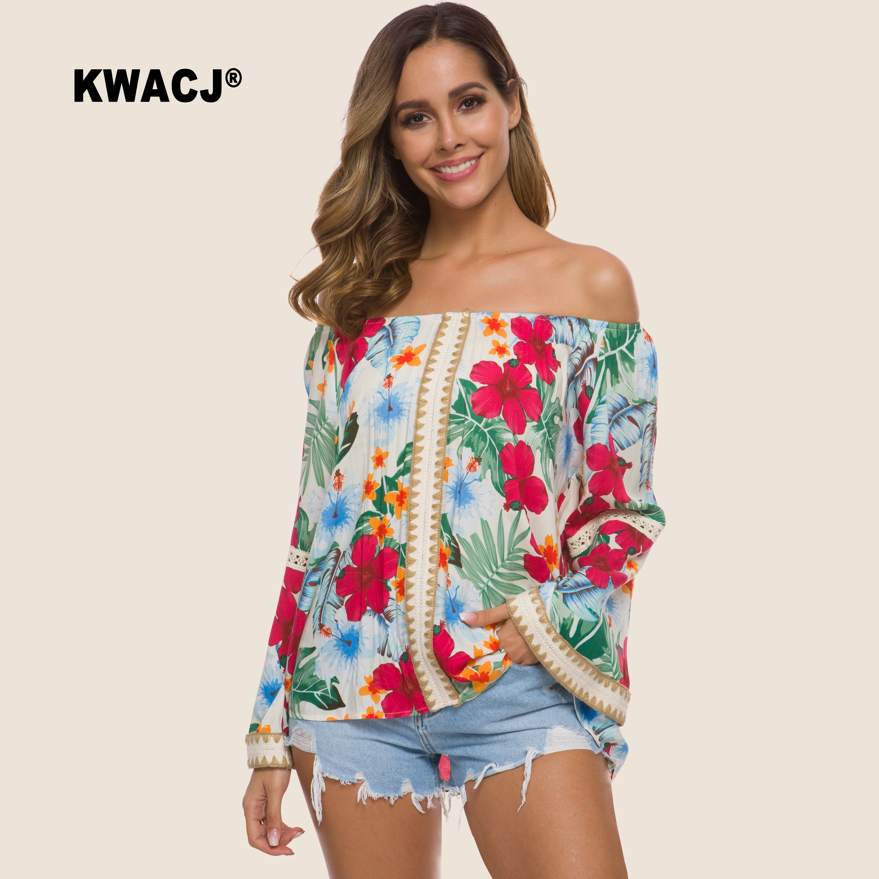 KWACJ топ с открытыми плечами Blusas цветочный принт Boho одежда длинный рукав-клеш