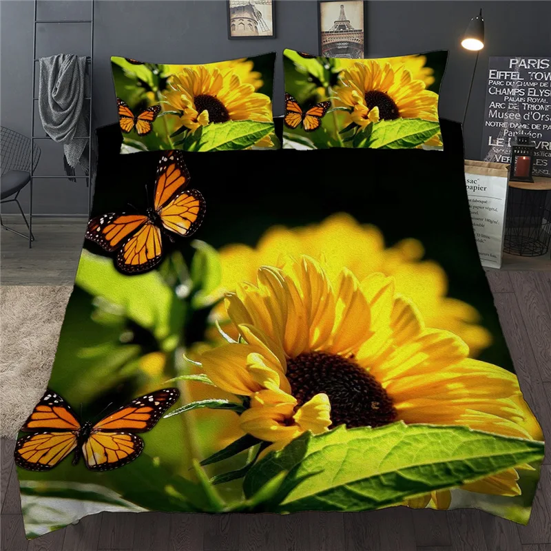 Sunflower Bedding Set 3D Floral Butterfly Printed Yellow Queen King Duvet Cover Set Single Double Twin Bedclothes For Girl Women