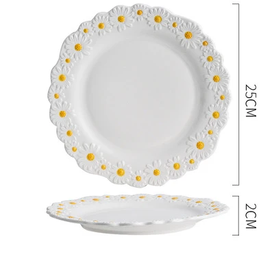 Керамическая рельефная тарелка с маргаритками, Обеденный набор, бытовые блюда, тарелка для еды, кухонная посуда для выпечки