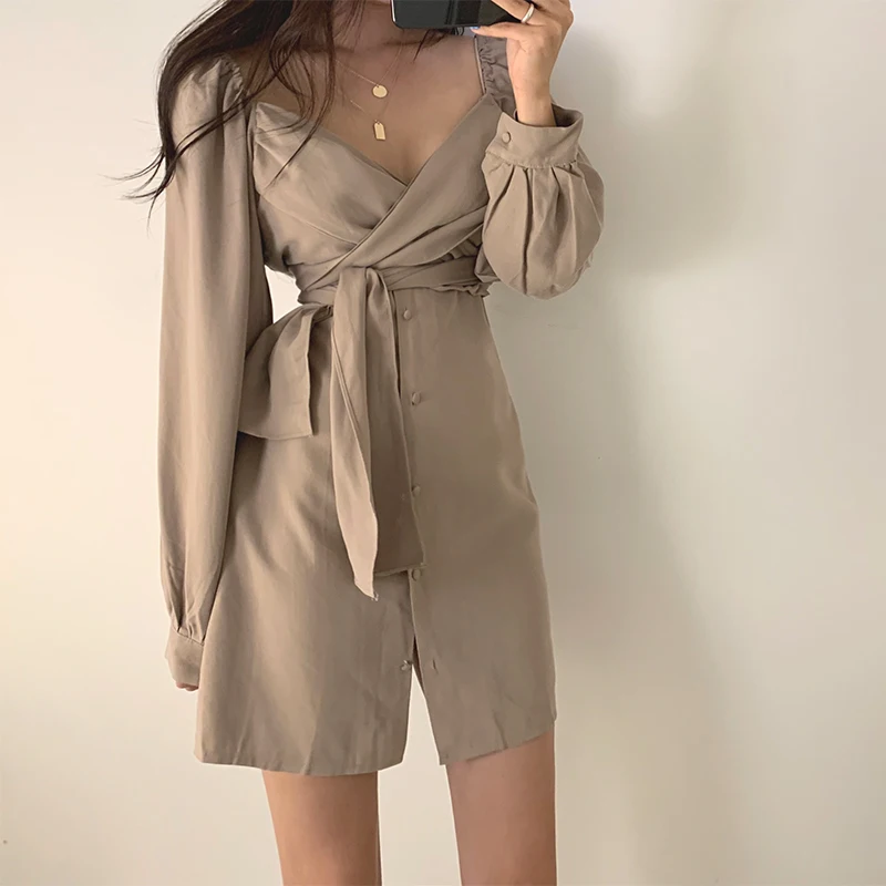 Новинка 2020 весенне летнее однотонное женское платье однобортное на шнуровке с