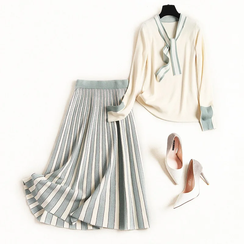 

2019 autumn winter two piece sets knitting short sweater pullovers elastic high waist pleated long skirts suit ensemble femme