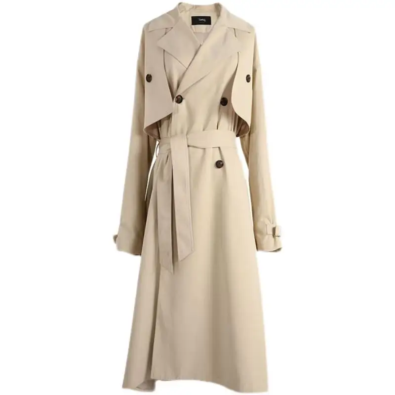 

Women Long Trench Coats Top Korean 2021Spring Autumn Elegant Double-Breasted Long Windbreaker Jacket Loose Overcoat Belted Coat