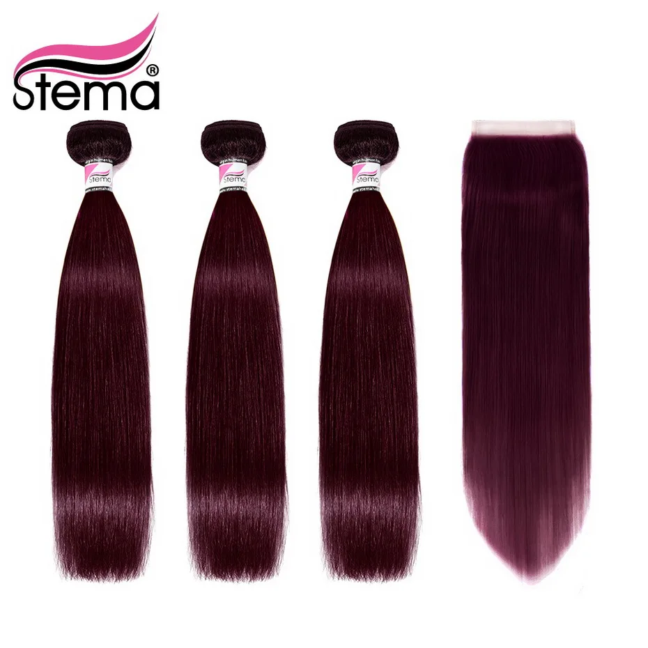 Stema #99J Brazilian Straight Human Hair Bundles With Closure 3 4x4 Lace Remy Extension Free Shipping | Шиньоны и парики