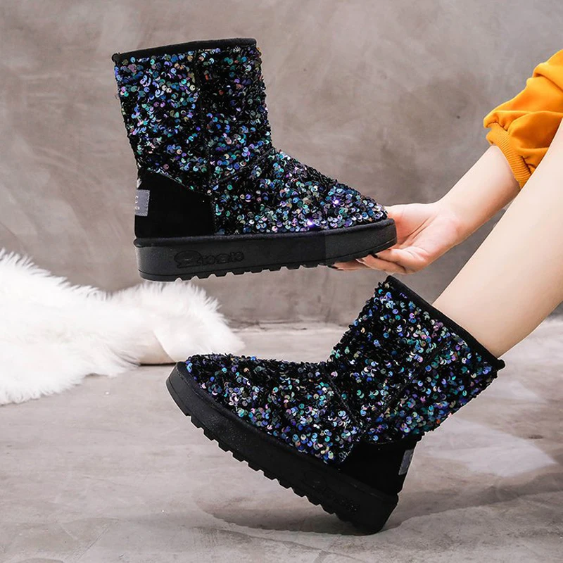 Зимние сапоги с блестками женские короткие трубы из бархата на низком каблуке