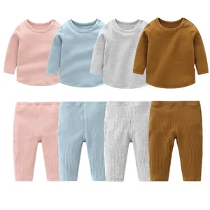 Одежда для новорожденных комплекты для малышей коллекция 2022 года, Весенняя Домашняя одежда хлопковые однотонные пижамы для маленьких девочек, 2 предмета одежда для маленьких мальчиков костюм для младенцев