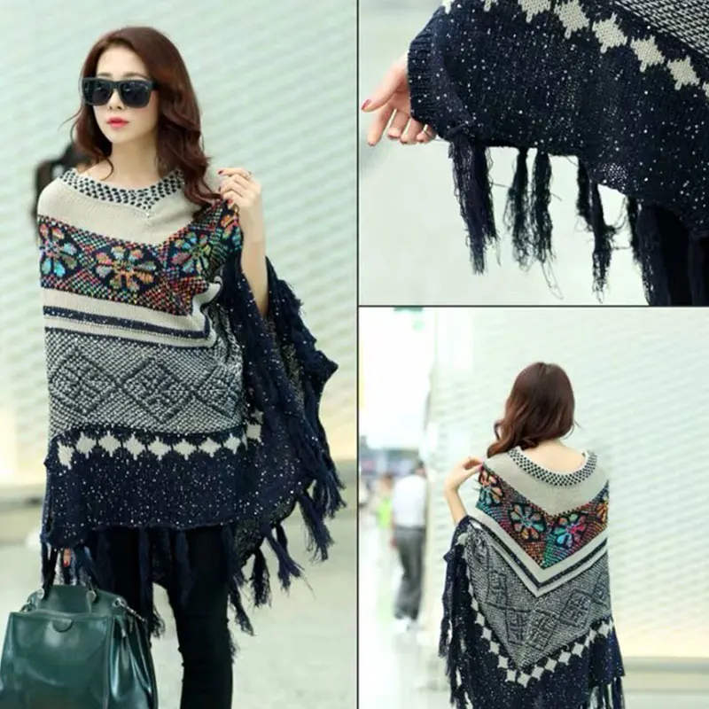 Осень зима свитер пончо с кисточками Женский вязанный большим треугольным