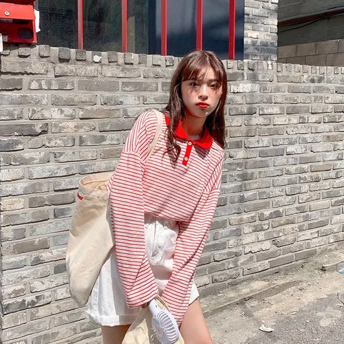Simple Button Line Red White Striped Casual Patchwork Fresh Regular Long Sleeve All Match Hit Koren Style Female Polo Shirts |