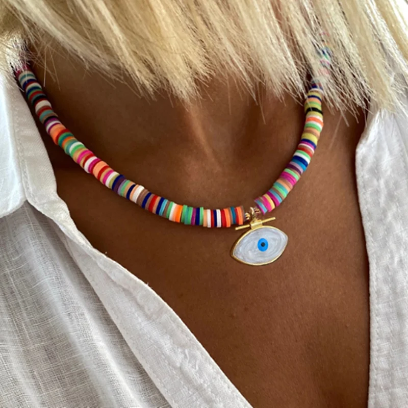 

Femme Vintage Glamour Polymer Clay Silicone Beaded Choker Man Women Evil Eye Pendant Necklace 2022 Beach Holiday Jewelry Collar