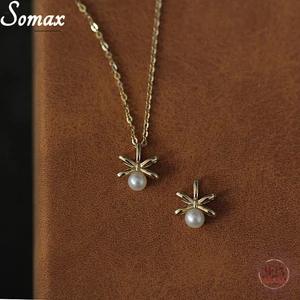 Real 925 Sterling Silver 14K Gold-plated Pearl Necklace Female Simple Temperament All-match Pendant Clavicle Chain Niche Design