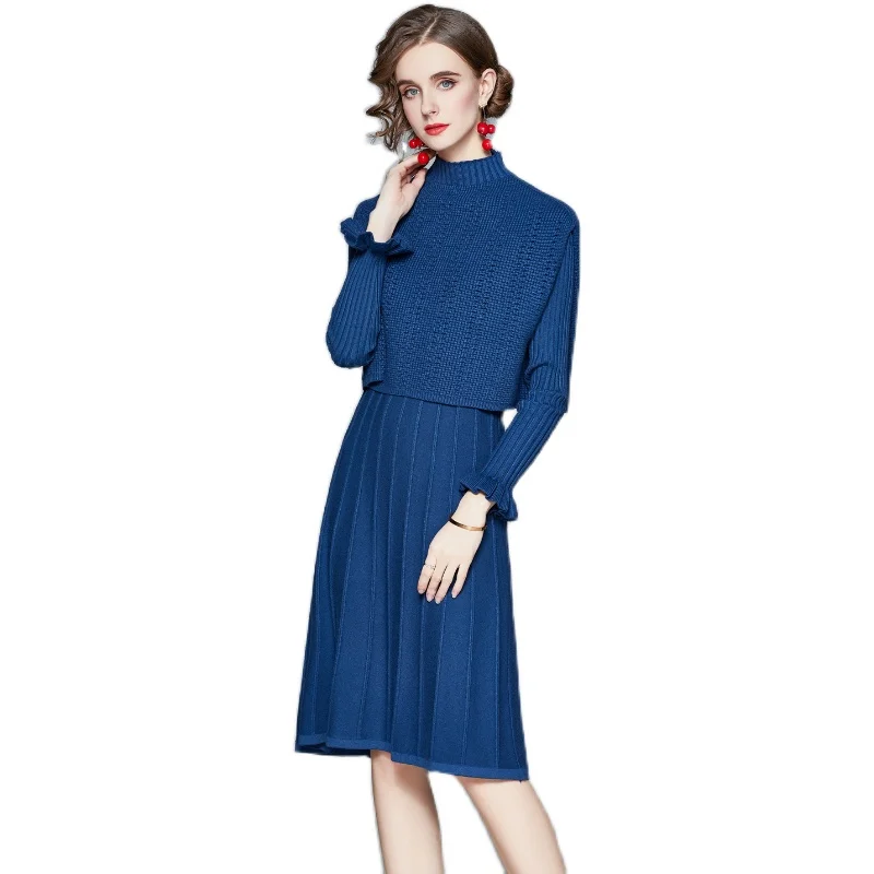 

Merchall Autumn Winter Knit Long Dress Women Casual O-Neck Slim 2 Piece Wrap Sweater Dresses Office Lady THICK Midi Dress