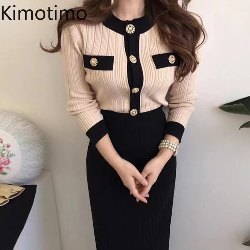 

Kimotimo Elegant Knit Cardigan Women Korean Chic Temperament O-neck Color Contrast Sweater Autumn Winter Bottoming Vintage Tops
