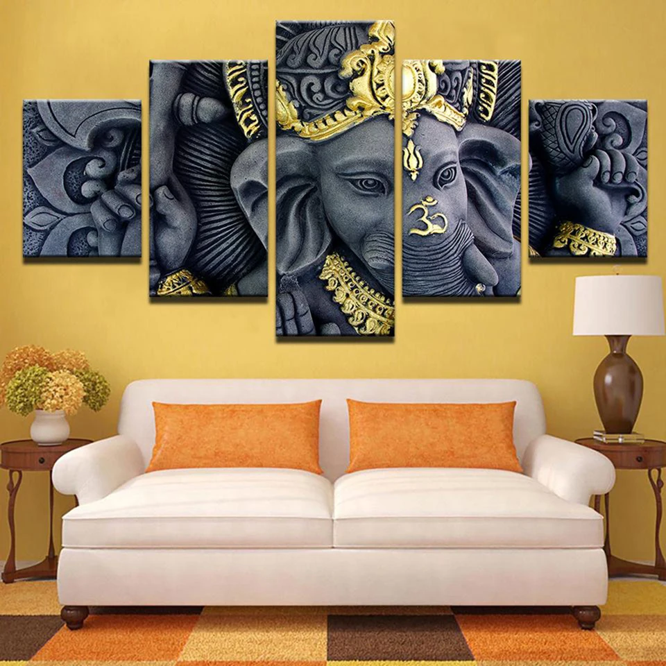 

Grey Gold Ganesh Statue Wall Art Canvas Painting Posters and Prints Wall Pictures for Living Bedroom Decoration