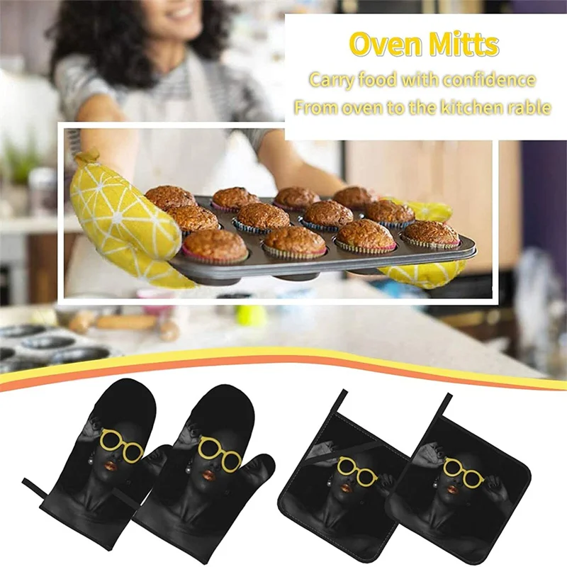 

Oven glove and pot holder set heat-resistant 4-piece set, kitchen utensils non-slip insulating gloves for baking and cooking