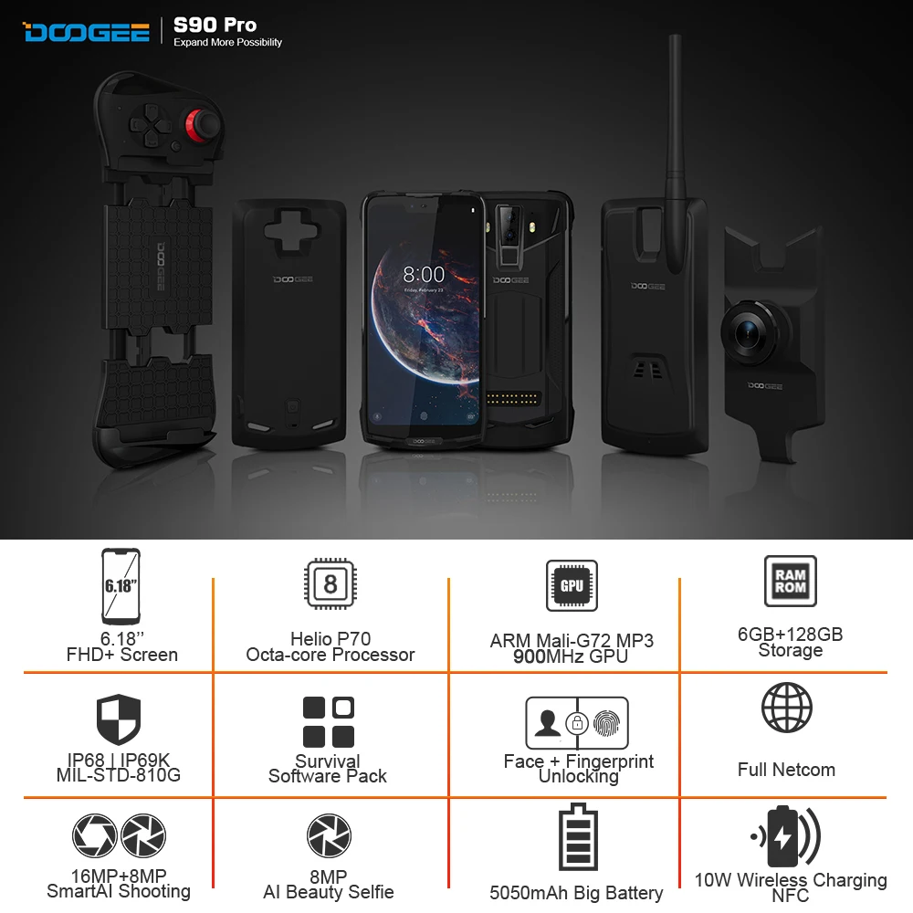 Doogee S90 Pro Helio P70 Восьмиядерный мобильный телефон 6 ГБ 128 ГБ модульный 6,18 FHD+ дисплей IP68/IP69K 4G LTE прочный смартфон