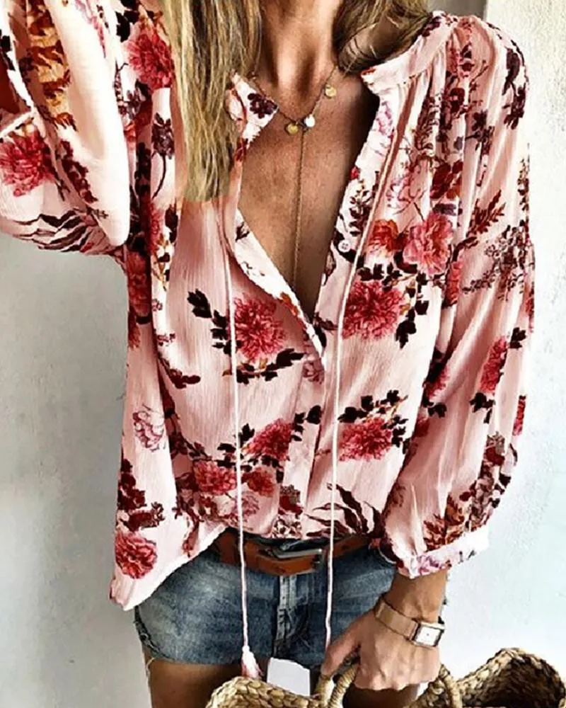 

Women Temperament V-neck Floral shirt Elegant Loose Long Sleeve Drawstring Thin Shirts 2020 New