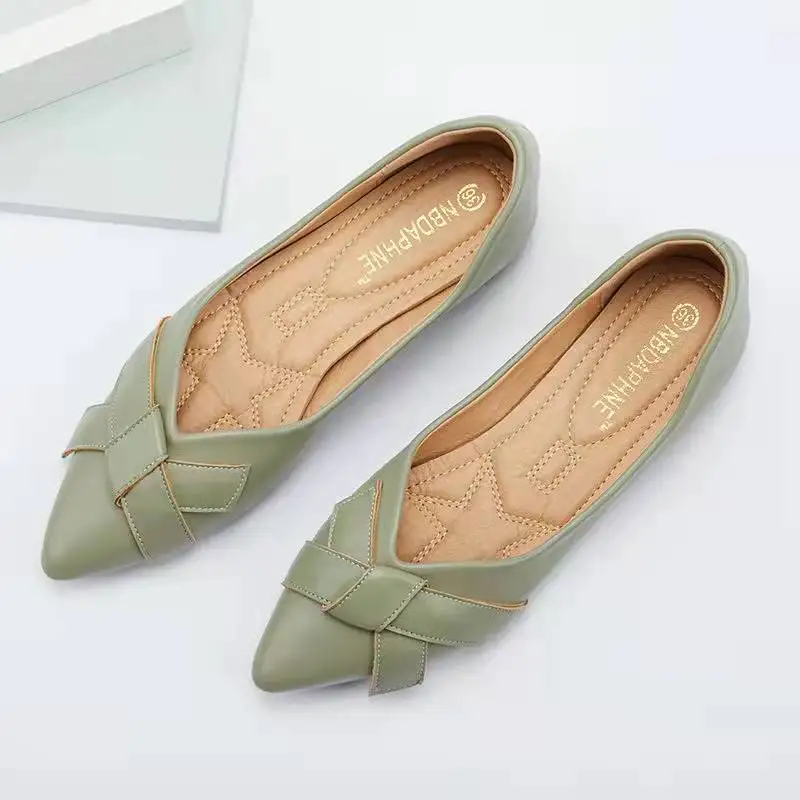

Women Mules Spring Summer Pointed-Toe Elegant Bow Charm Shallow Ballet Flats Lady Cozy Work Shoes Woman Slip-On Big Shoes To 44