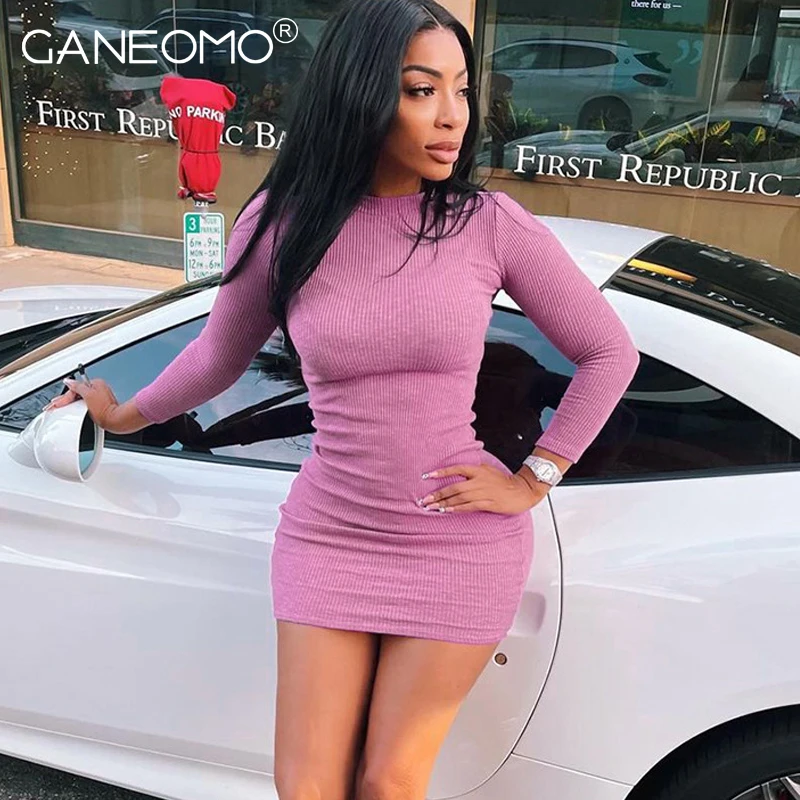 

Elegant Knitted Long Sleeve Dresses for Women Party Autumn Winter Fashion Sexy Korean Bodycon Short Mini Dress Ladies 2021 Pink