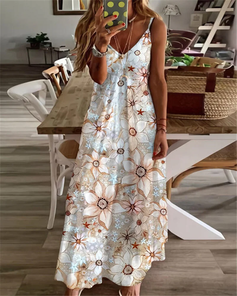 

2021 new women's V-neck fashion print Sling Dress