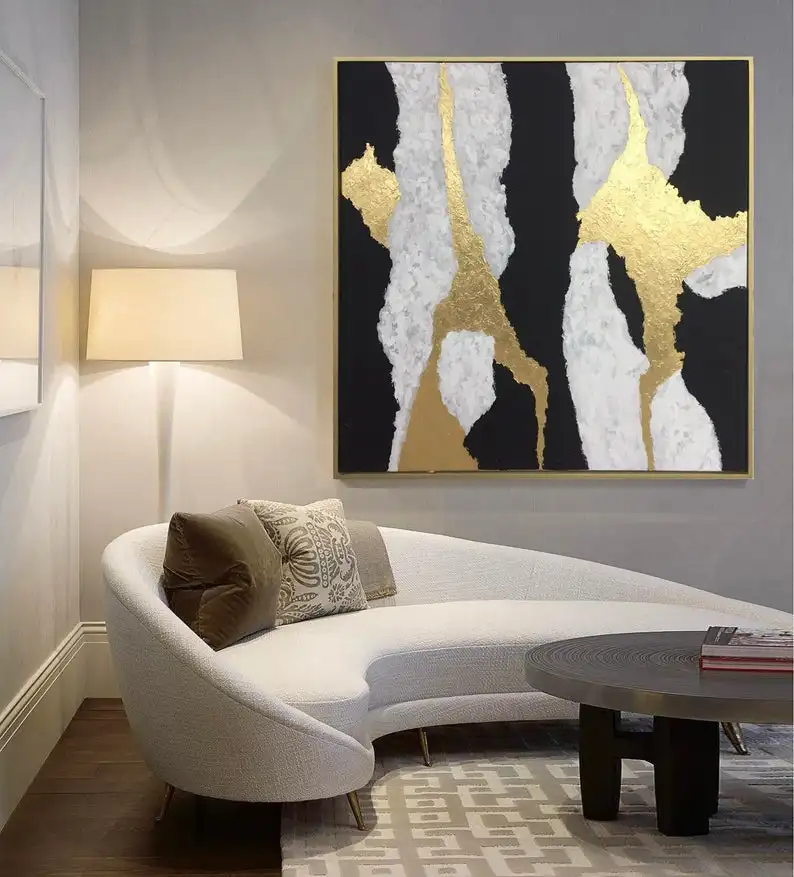 Акриловые абстрактные картины с золотыми листьями на холсте экстра большие