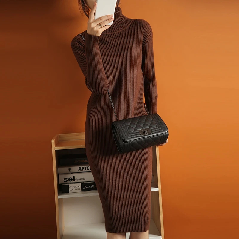

2020 Spring Autumn And Winter Women Female Lady Turtleneck Medium-long Knitted Dress Hip Slim Sweater Dress Very Elastic Warm