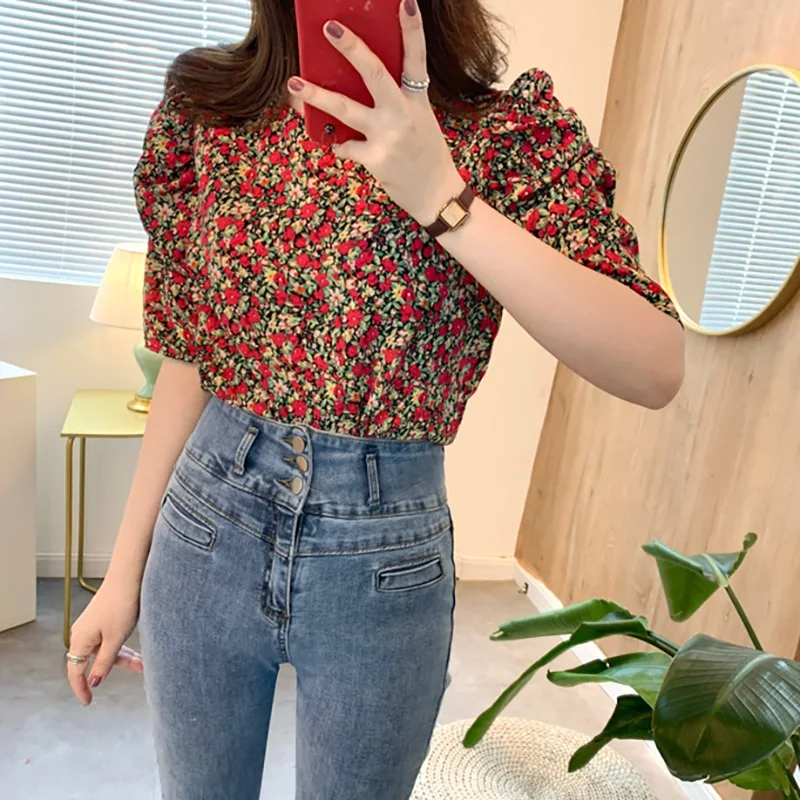 

Women Blouse Casual Bubble Sleeve Floral Floral Seven-Point Sleeve Chiffon Top