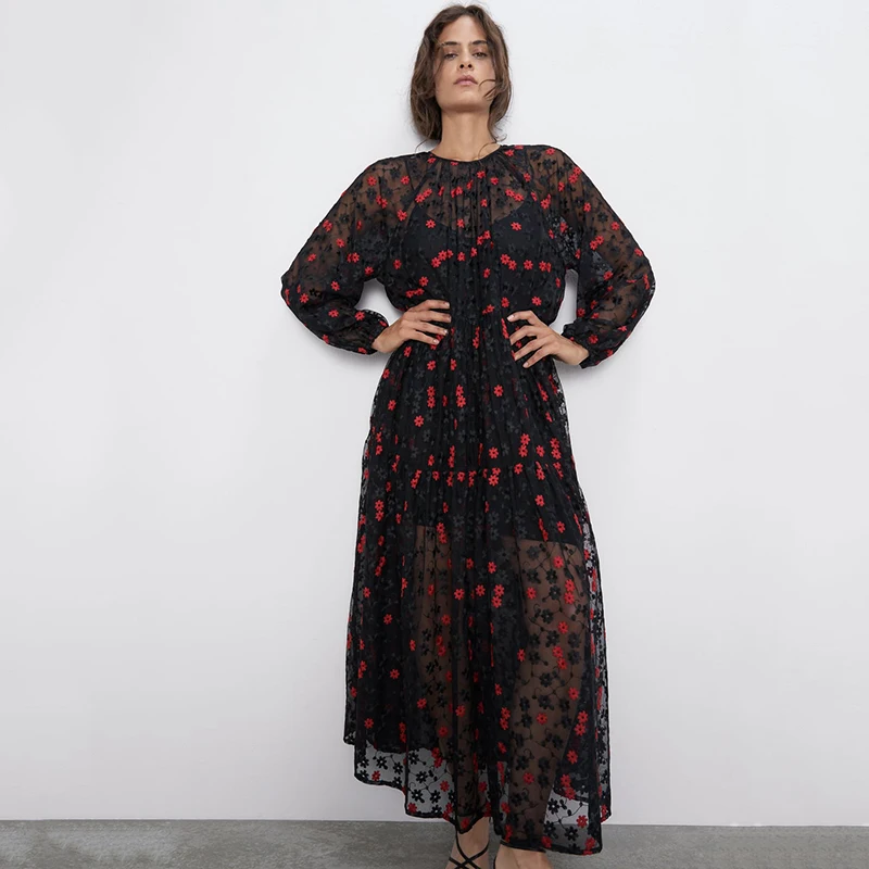 Женское платье с длинными рукавами ZA свободное осеннее цветочной вышивкой и