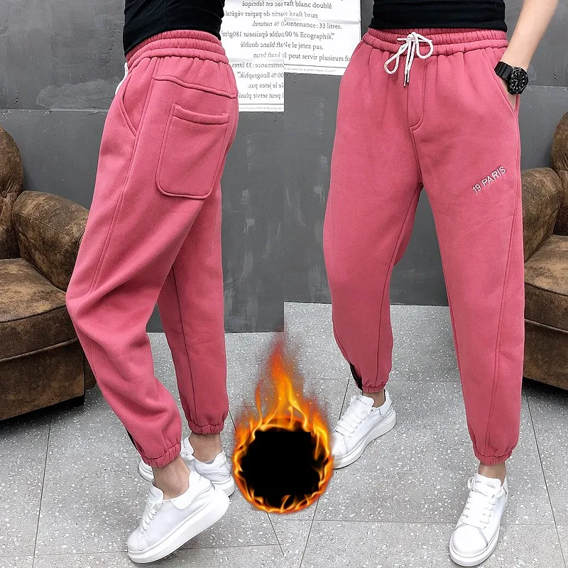 Мода 2019 розовые спортивные штаны для мужчин толстые теплые свободные мужские