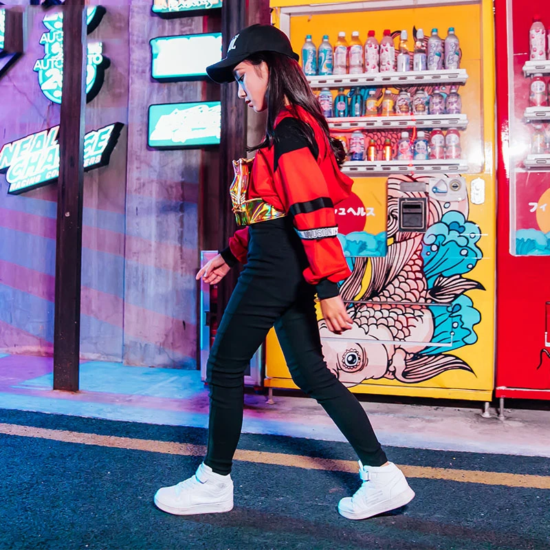 Танцевальные костюмы в стиле хип-хоп для девочек красный топ с капюшоном одежда