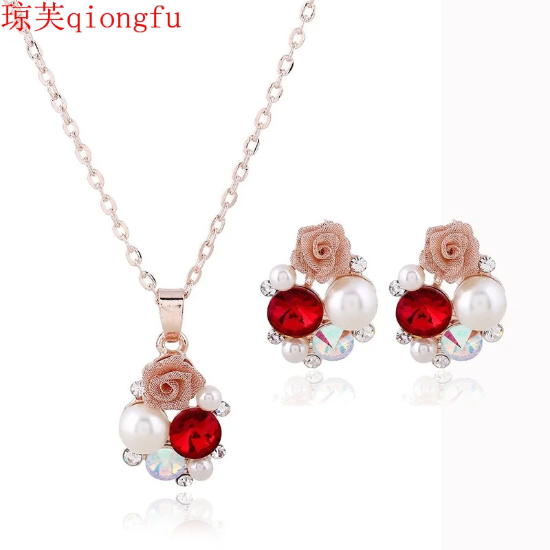 

Qiongfu 2021 Bridal Jewelry Set Pearl Rose Earrings Pendant Korea Qing New Style jewelry sets for women zirconia jewelry set