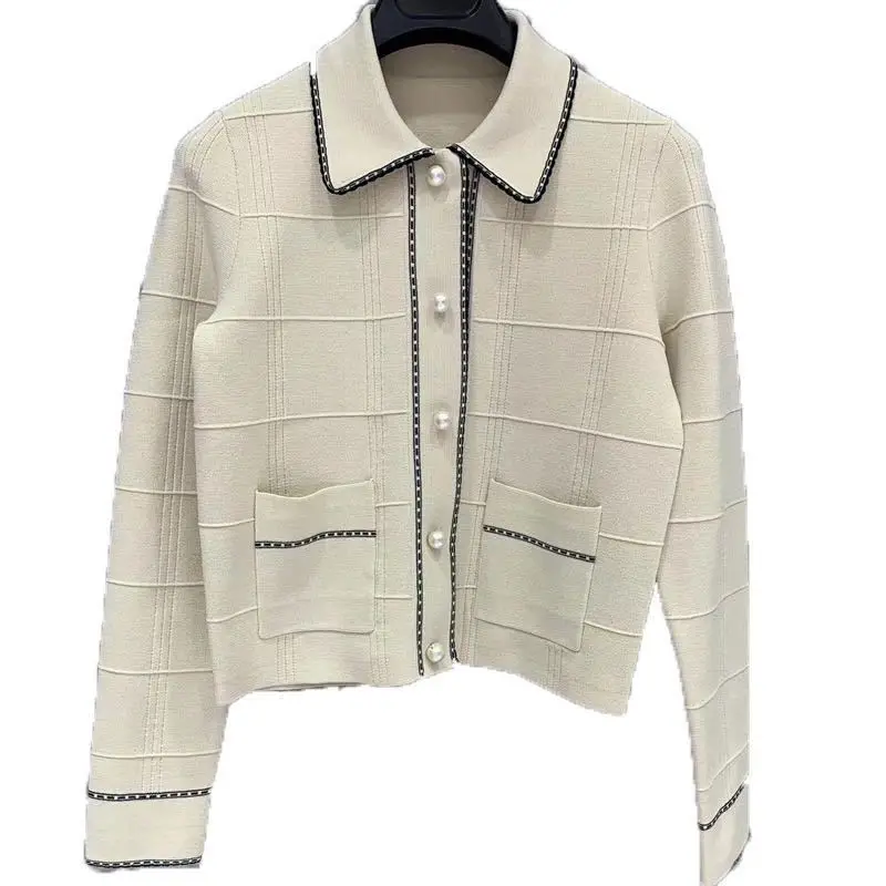 

YILINHAN Knitting Fleece Lapel Jacket Women Elegant Chic Pearl Buttons Korean Outerwear Office Lady Fashion Wild Coat