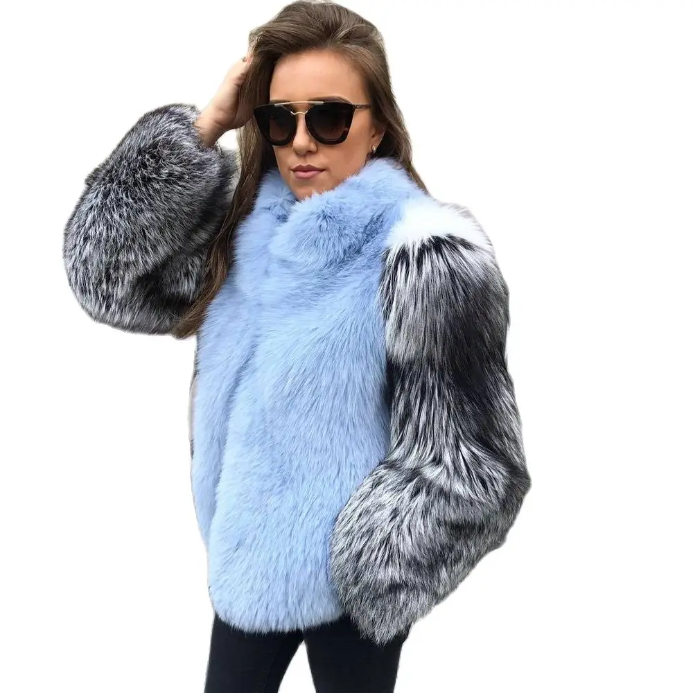 Light Blue Natural Fox Fur Jacket with Silver Fox Fur Sleeves Natural Women Whole Skin Genuine Fox Fur Jacket Stand Collar Coats