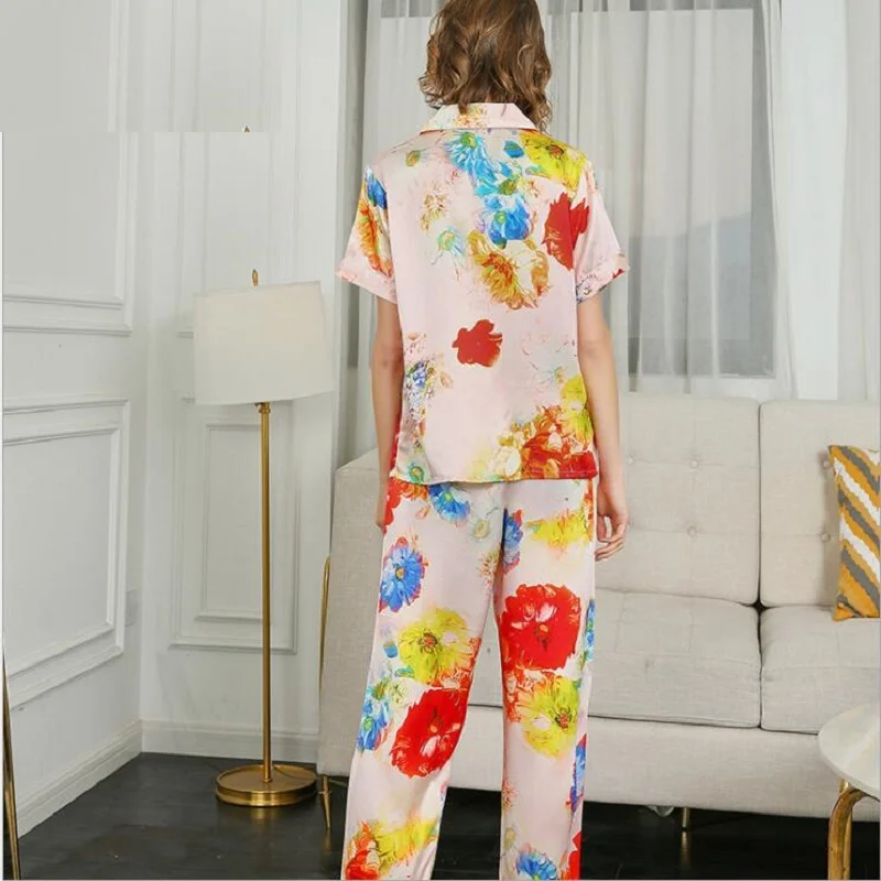 100% SilK Stain Pajamas Sets Women Floral Print Short Sleeve Summer Silk Homewear Sleepwears Sets 2020 Home Pyjama Sets