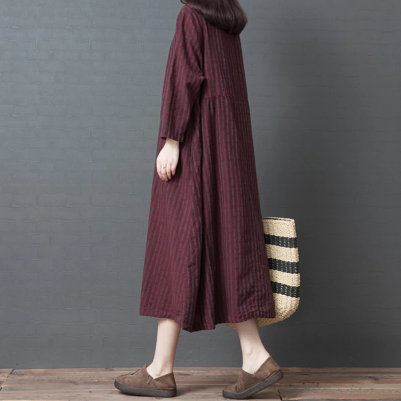 Женское платье в полоску с круглым вырезом и длинным рукавом | Женская одежда