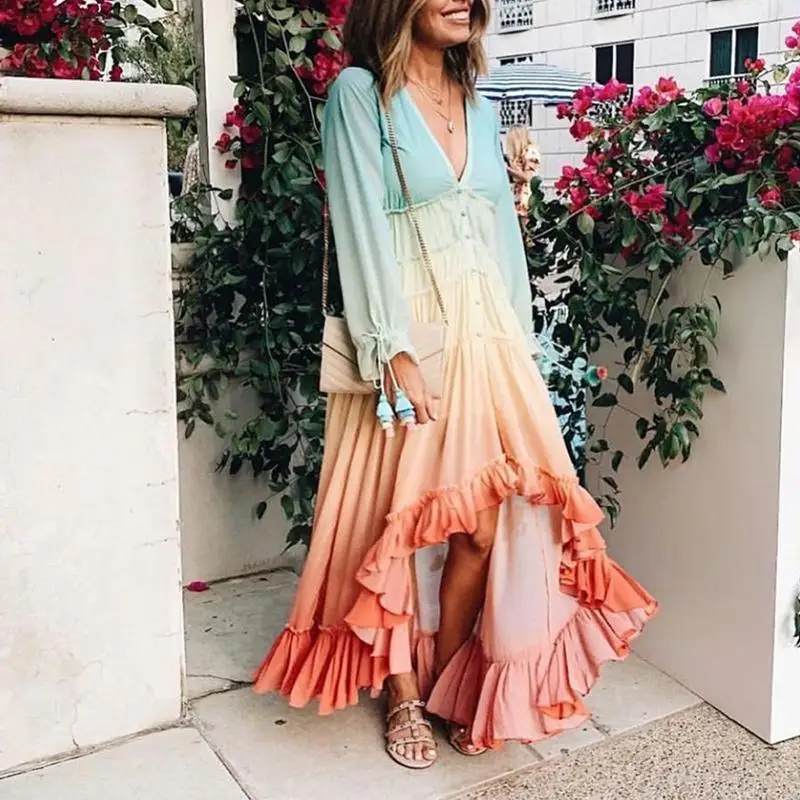 

Popular Deep V Long Sleeve Gradient Dress Korean Vestidos Print Vintage Autumn Dresses Women Floral Long Sleeve Dresses Female