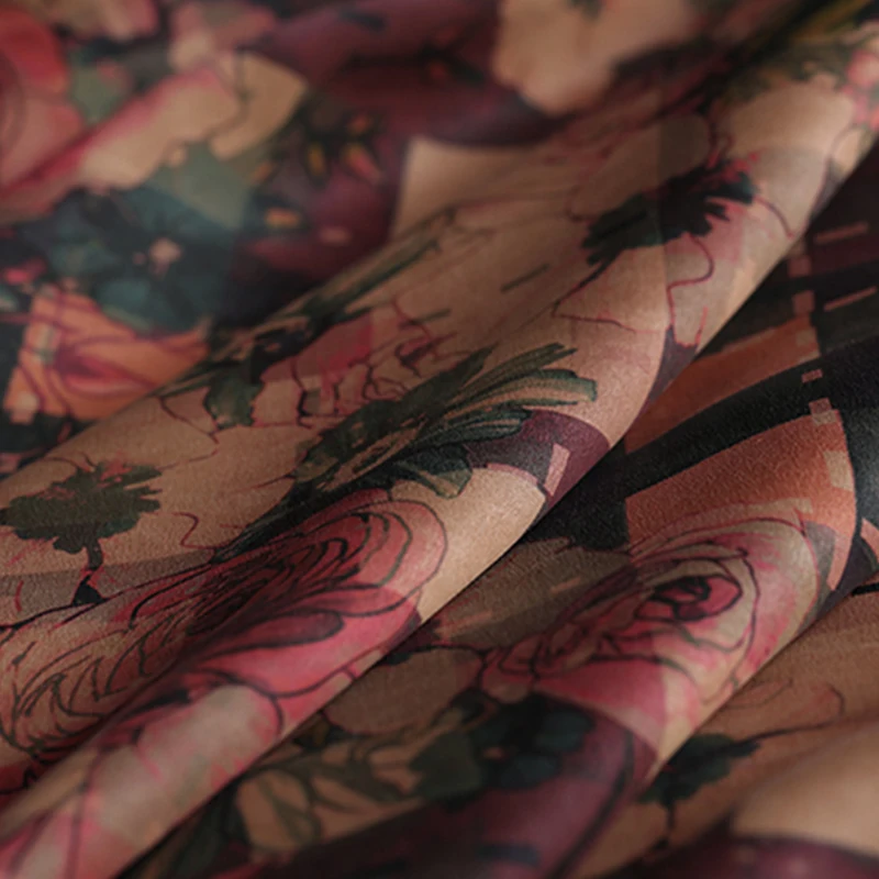 

Dark Color Print Brown Dark Red Gambiered Guangdong Silk Fabric for Summer Spring Dress Shirt E1397