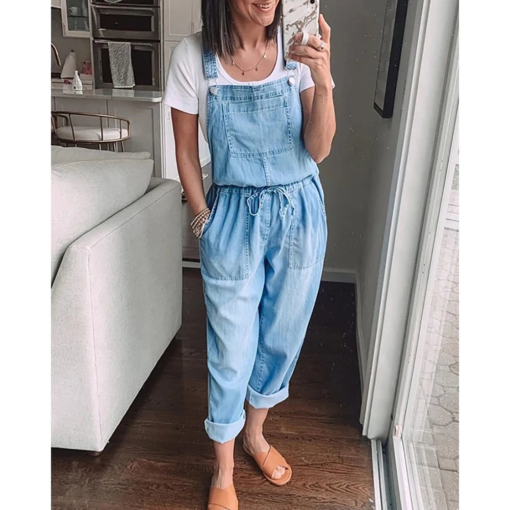

Spring Autumn Thin Loose Casual Womens Denim Jumpsuit Lace Up Elastic Waist Overalls Solid Color Wide Leg Trousers Bodysuit 6218