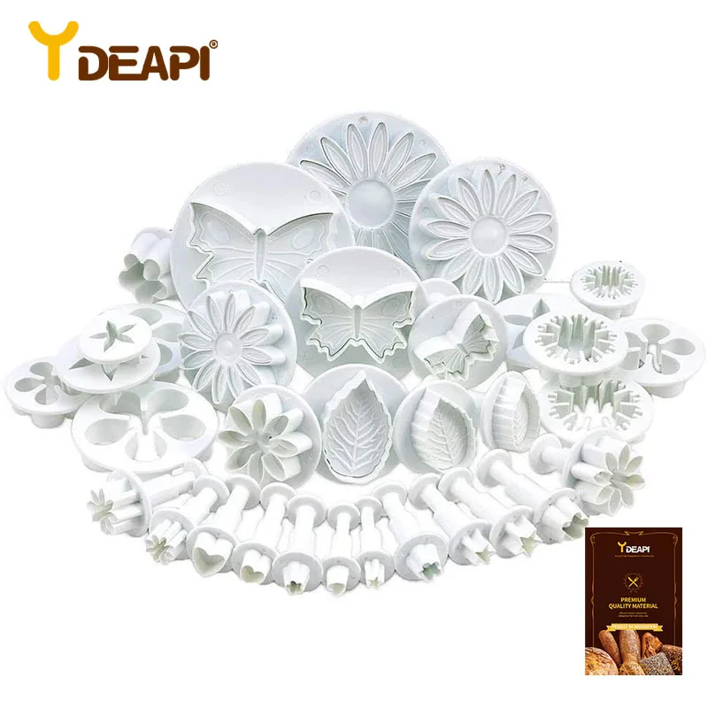 

YDEAPI 33 Piece Fondant Cake Cookie Plunger Cutter Sugar Craft Flower Leaf Butterfly Heart Shape Decorating Mold DIY Tools